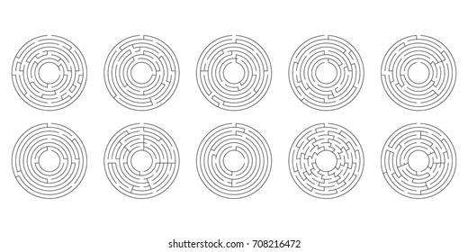 vector illustration of a set of ten circular mazes for kids on a white background