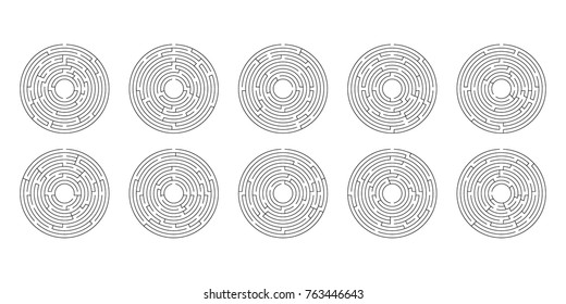 vector illustration of a set of ten circular mazes for kids on a white background