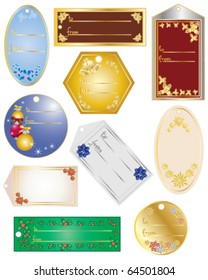 vector illustration set of ten gift tags with various christmas elements on white in eps10 format