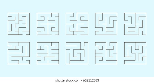 vector illustration of a set of ten square mazes for kids