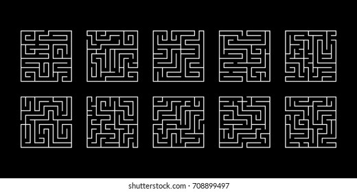 vector illustration of a set of ten square mazes for kids on a black background