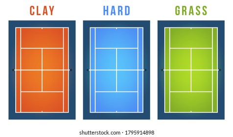 Vector Illustration set Of Tennis Courts with different surface. Top View.