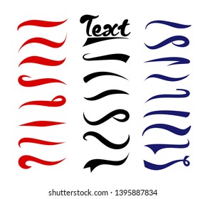 Vector illustration set of text elements. Typography tails collection. Swirling swash and swoosh. Red, blue and black elements for text and logos isolated on white background.