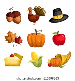 A vector illustration of a set of Thanksgiving icons