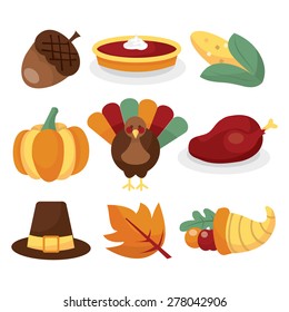 A vector illustration set of thanksgiving related images.