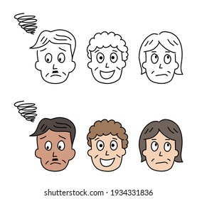 Un conjunto de ilustraciones vectoriales que representa las expresiones faciales de un tío y una tía con un estilo cómico.