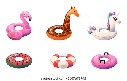 Ilustração vetorial de um conjunto que inclui anéis flutuantes padrão em várias cores e anéis criativamente projetados em forma de girafa malhada, unicórnio e flamingo rosa brilhante.
