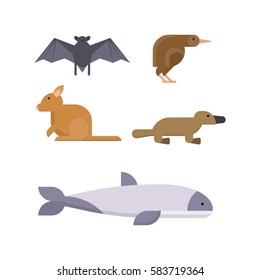 Vector illustration set that includes bat, bird, kangaroo, duckbill and fish. Animals and nature topic.