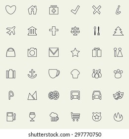Vector illustration of set of thin line map marker icons, city activity and entertainment locations