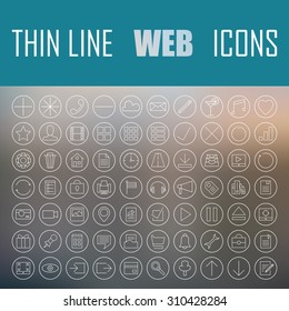 The vector illustration of set of thin line web and mobile interface icons on blurred background. Can be used as company logo, badge, web interface and mobile application button, pictogram