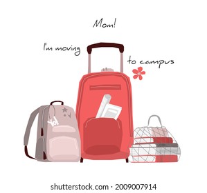 Illustration vectorielle avec un ensemble d'objets d'étudiants se déplaçant sur le campus. Il montre Bagage Sac à bagages sur roues, livres et manuels dans un Sac à Mesh, sac à dos avec chaînes de clés pour jeunes. Il y a place pour le texte.