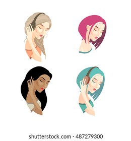 Vector illustration. set of thoughtful girl with long and short hair