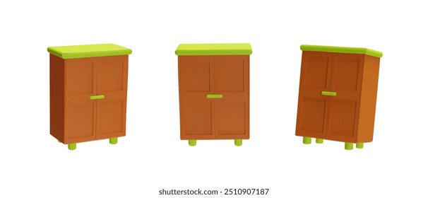 Ilustração vetorial conjunto de três ícone 3D do guarda-roupa apresentando projetos simples, minimalistas. Cada guarda-roupa tem um corpo laranja-marrom com um topo verde vibrante, alça e pernas.