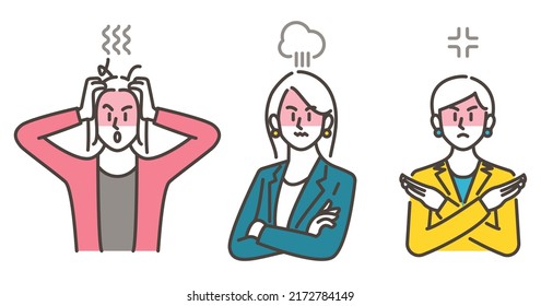 Vector illustration set of three angry women holding their heads or crossing their arms