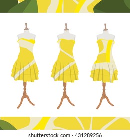 Vector illustration set of three beautiful, cute woman dresses on mannequin for boutique.  And seamless pattern with lemon slices