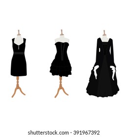 Vector illustration set of three black different design elegant cocktail and evening woman dresses on mannequin for boutique. Little black dress fashion 