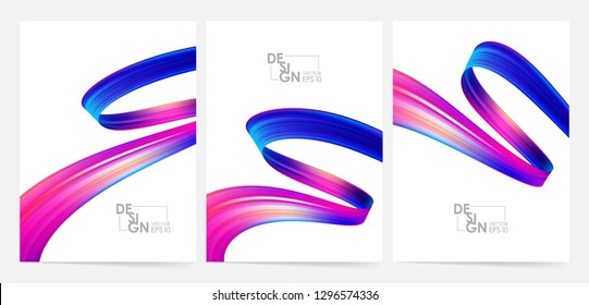 Vector illustration: Set of three blank poster with 3d twisted colorful flow liquid shape. Acrylic paint design