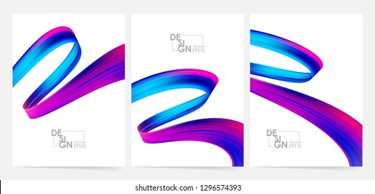 Vector illustration: Set of three blank Modern poster with 3d twisted colorful flow liquid shape. Acrylic paint design