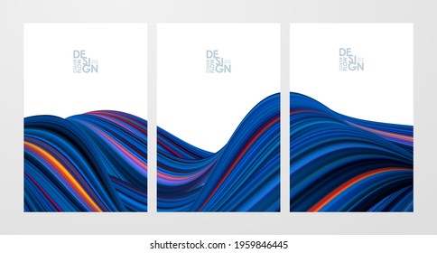 Vector illustration: Set of three blue color flow poster backgrounds. Modern design. 