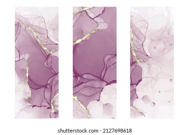 Vector illustration Set of three bookmarks decorated with alcohol ink texture. Bookmarks with modern creative design