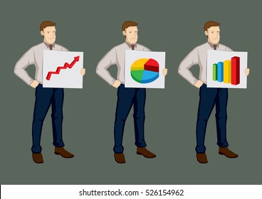 Vector illustration of a set of  of three business professionals holding signs showing a line chart, pie chart and bar chart isolated on plain background.