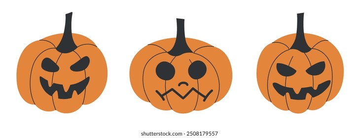 Vector illustration set of three cartoon Jack-o-lanterns with different spooky faces. Halloween collection of flat designs in orange and black, jack o lantern pumpkins for autumn decorations 