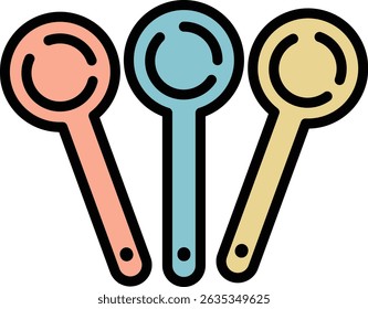 Vector illustration of a set of three colorful measuring spoons in blue, pink, and yellow isolated on white background｜measuring spoons, kitchen tools, vector