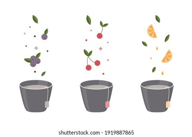 Vector illustration set of three cups of tea with different fruit and berry flavors. 