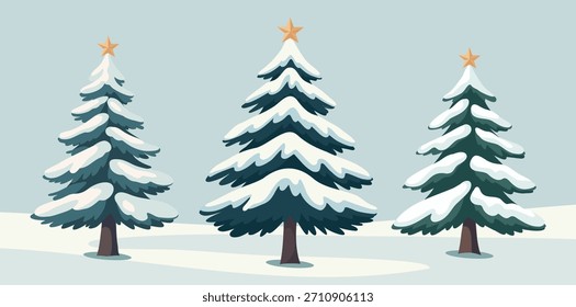 Un conjunto de Ilustración vectorial de tres pinos cubiertos de nieve diferentes con una estrella dorada contra un paisaje invernal. La atmósfera de fondo ligero, perfecto para los diseños de temporada de las vacaciones de invierno, tarjetas