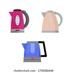 Vektorgrafik. Satz von drei elektrischen Wasserkochern. Küchengeräte zum Kochen von Wasser. Elemente im flachen Stil zum Erstellen von Designs.