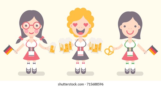 Vector illustration: set of three funny emotional female characters Traditional Waitress with beer mugs, german flags and brezel in flat style for Oktoberfest decor  isolated on creamy background
