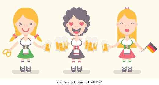 Vector illustration: set of three funny emotional female characters Traditional Waitress with beer mugs, german flags and brezel in flat style for Oktoberfest decor  isolated on creamy background
