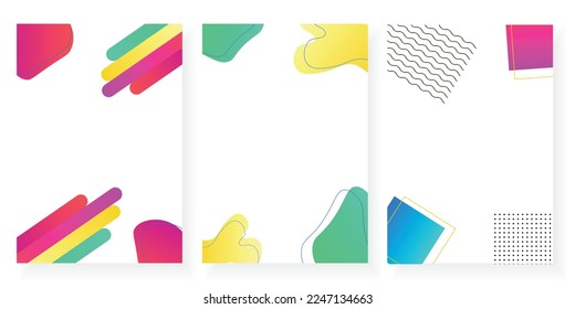 Vector illustration. Set three geometric background with abstract shapes. Memphis style cover, Social Highlight Covers and stories page