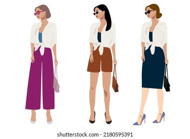 Vector illustration set of three girls in stylish clothes. Outfits consist of skirts, shorts, trousers and shirts. The images are suitable for walking and going to work. They look modern, urban style