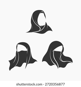 Vector illustration set of three hijab woman silhouettes, suitable for modest fashion branding, Muslim clothing labels, logo design, social media content, and creative commercial projects.