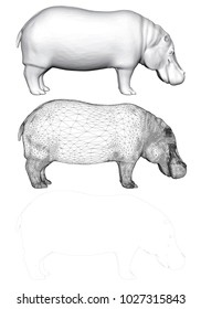 Vector illustration of a set of three hippopotamus, poligonalgy 3D, mesh and contour.