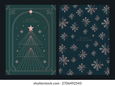 Vector illustration set of three luxury Christmas cards featuring gold outline trees and ornaments, isolated on an elegant background for festive design and seasonal greetings.