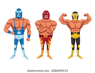 Vector illustration of a set of three masked wrestling fighters, in cartoon style.