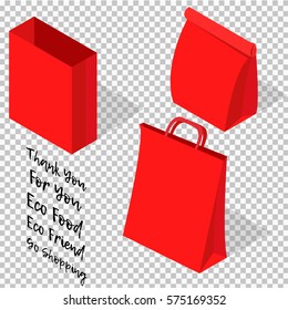 Vector illustration set of three paper shopping or grocery bags on transparent background.