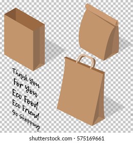 Vector illustration set of three paper shopping or grocery bags on transparent background.