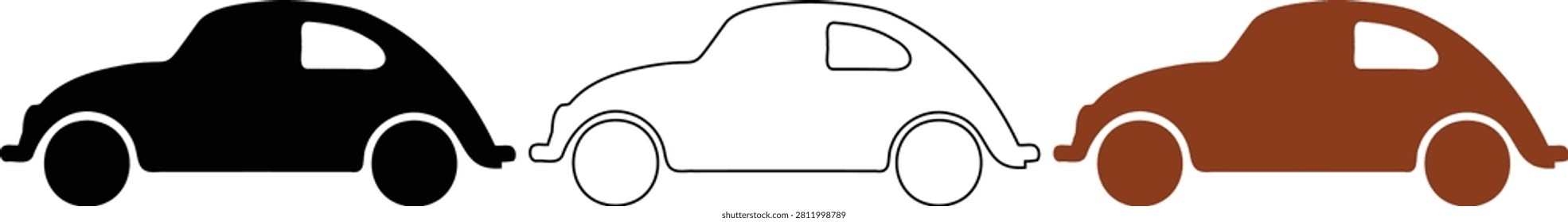 Vector illustration set of three retro car silhouettes in black, outline, and brown