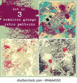Vector illustration. Set of three seamless grunge patterns. Vintage color
