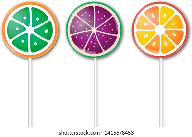 Vector illustration. Set of three shiny fruity lollipops with shadows.