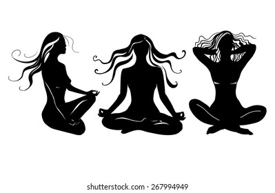 Vector illustration. set of three silhouettes of girls, isolated on white background.  Yoga. Relax. 