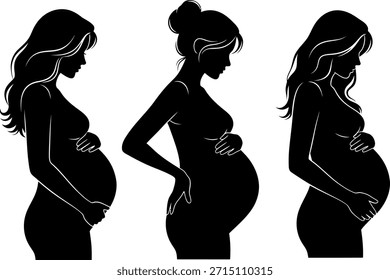 Conjunto de Ilustración vectorial de tres siluetas de mujeres embarazadas abrazando sus Grandes vientres. Conceptos de maternidad, anticipación y fertilidad.