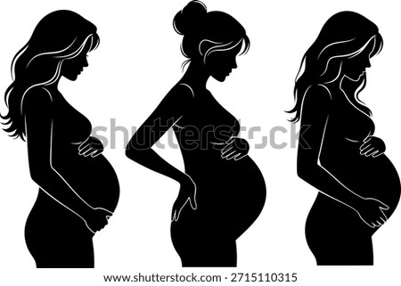 Vector illustration set of three silhouettes of pregnant women hugging their large bellies. Concepts of motherhood, anticipation, and fertility.