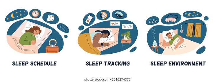 Conjunto de Ilustración vectorial de tres hábitos de sueño, horario de sueño, seguimiento del pulso y entorno del dormitorio. Composiciones planas de dibujos animados de la hora de acostarse, el descanso, la relajación. Para temas de salud e higiene del sueño