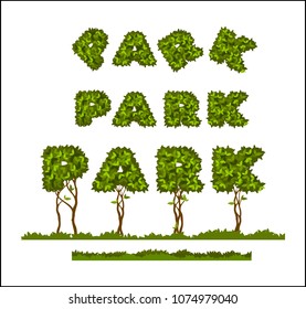 vector illustration set of three spelling words park letters from turf leaves