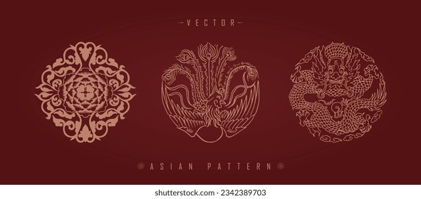 A vector illustration set of three traditional Chinese decorative patterns with floral elements
