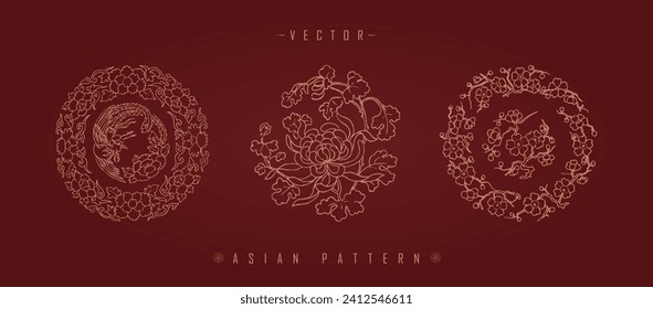 A vector illustration set of three traditional Chinese decorative patterns with floral elements